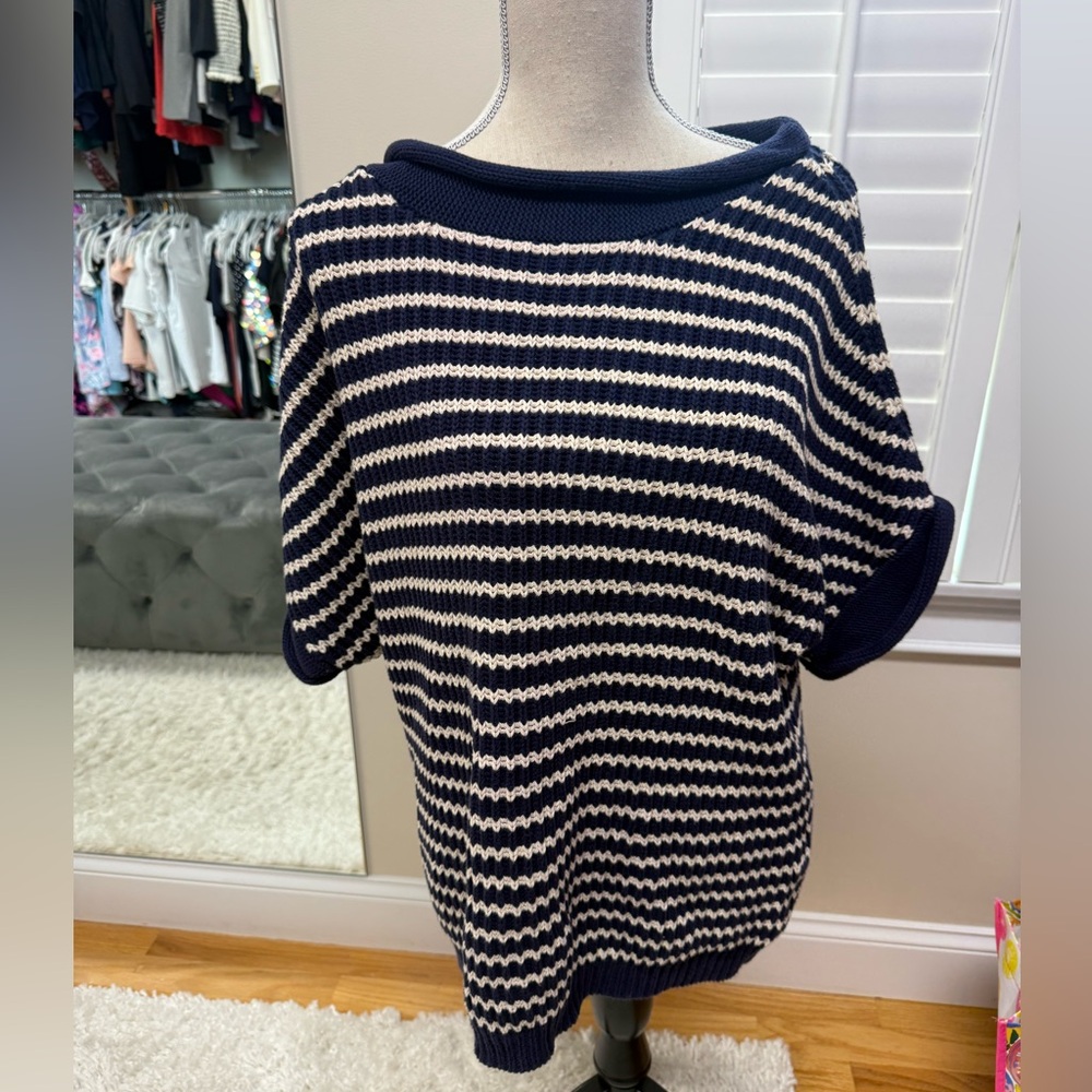 Calypso St. Barth Blue and White Short Sleeve Sweater
